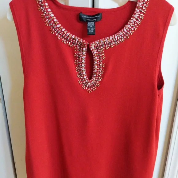 Cable & Gauge Top Red Beaded  Keyhole Sequin Trim Sleeveless Women size 1X - Picture 11 of 15